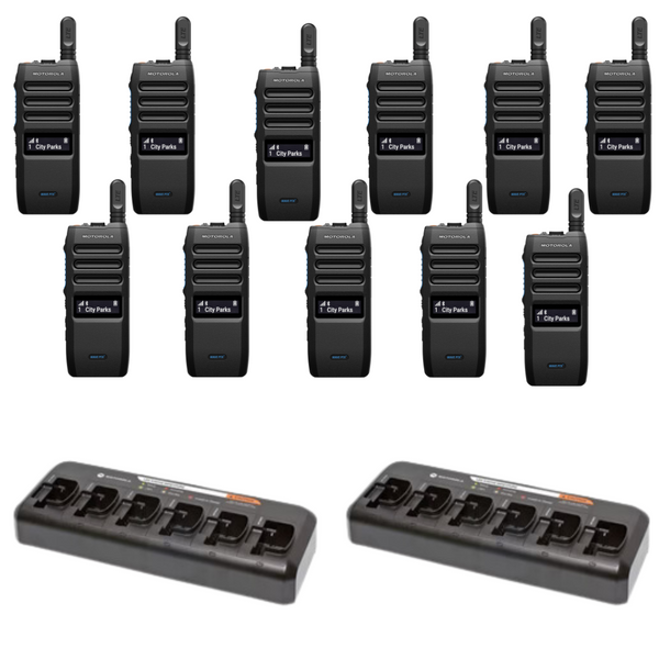 Motorola TLK110 Radio 12 Pack Bundle with Microphones and 2 Multi-Unit Chargers