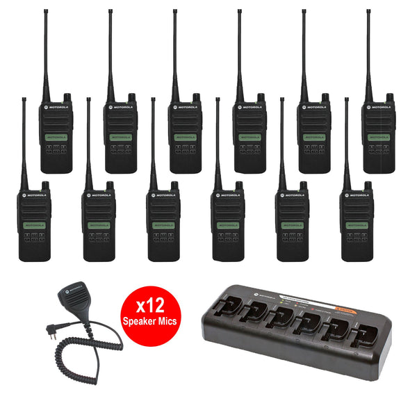 Motorola CP100D Limited Display 12-Pack Bundle with Multi-Unit Chargers and Speaker Microphones