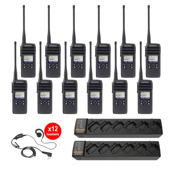 Motorola DTR700 12 Pack Bundle with Multi-Unit Charger and Headsets