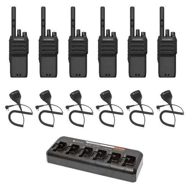 Motorola R2 Radio 6 Pack Bundle with Speaker Microphones and Multi-Unit Charger