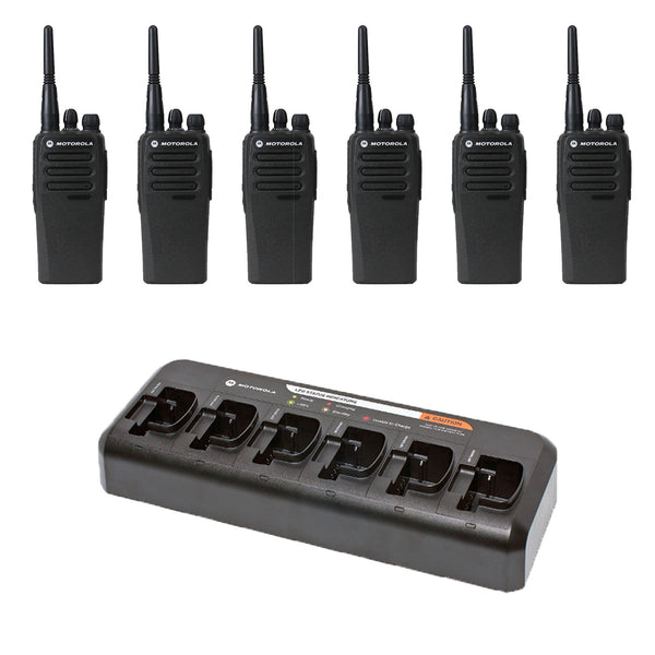 6 pack Motorola CP200d MotoTRBO Portable Radio plus multi unit charger plus speaker microphones